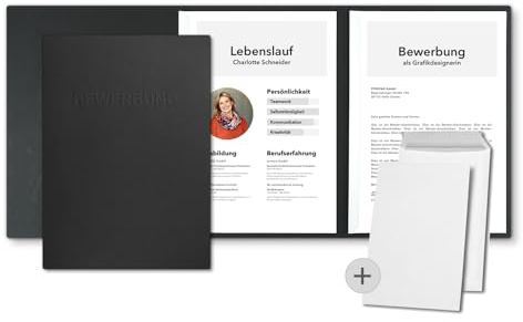 5 Stück 3-teilige Bewerbungsmappen Schwarz in feinster Lederstruktur - inkl. 5 Versandumschläge in Weiß - mit 2 Klemmschienen und hochwertiger Prägung ''BEWERBUNG'' - direkt vom Hersteller STRATAG