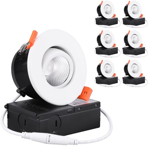 TORCHSTAR 3 Inch Gimbal LED Recessed Light with Junction Box, CRI 90+ Dimmable Swivel Adjustable Eyeball Downlight, 7W (50W Eqv.), Canless LED Ceiling Light, 3000K Warm White, White, Pack of 6