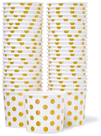 MATICAN Papier-Eisbecher – 50 Stück, 325 ml, Einweg-Dessertschalen für heiße oder kalte Speisen, 325 ml, Partyzubehör, Leckerlibecher für Eisbecher, gefrorenen Joghurt, Suppe, Goldfolie gepunktet