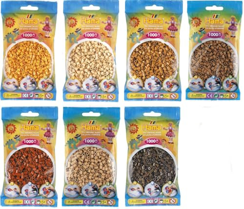 Hama Midi Bügelperlen Konvulut Braun Töne (Braun 12,Totbraun 20,Hellbraun 21,Beige 27,Teddybärenbraun 60,Cappuccino 75,Nougat 76) + Bügelanleitung mit 3 Design Vorlagen