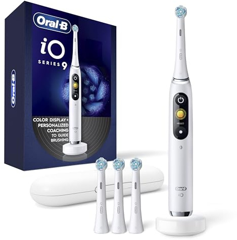 Oral-B Rechargeable Electric Toothbrush, iO9 Genius, 7 Cleaning Modes, Interactive Display, Charging Travel Case, Visible Pressure Sensor, 4 Brush Heads, White Alabaster