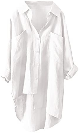 VEMOW Camisa de Manga Larga con Botones de Lino de Algodón para Mujer, Informal Suelta T Shirt Blusa Color Sólido Oficina Oversize Béisbol Jersey Pullover Sudadera Fiesta Tops Talla Grande