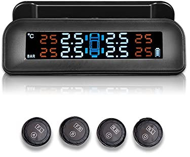 Système de surveillance de la pression des pneus de voiture Riloer, affichage la pression de température en temps réel TPMS ; avec écran réglable et 4 capteurs externes, énergie solaire et charge USB