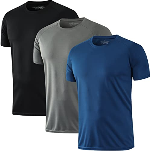 HOPLYNN 3 Pack Running Shirts Men Sport Tops Dry Fit Gym Wicking Athletic T Shirts Breathable Cool Workout Shirts Black Grey Blue 2XL
