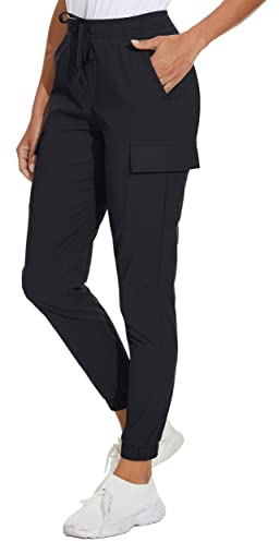 KEFITEVD Jogginghose Damen Sommer Leicht Trekkinghose Stretch Atmungsaktiv Cargohose mit Mehreren Taschen Outdoor Freizeit Angelhose Regular Fit Schwarz M