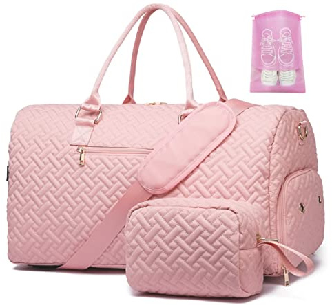 Duffle Bag for Travel, Weekender Bag with Shoe Compartment, Carry On Overnight Bag for Women with Toiletry Bag, 50L Gym Bag with Wet Pocket, Hospital Bags for Labor and Delivery Pink