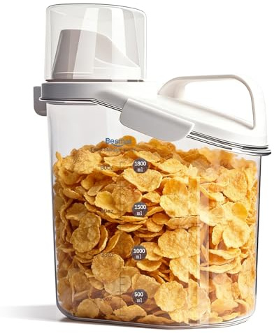 Besmall Cereal Containers Storage with Pour Spout Food Storage Container with Airtight Lid for Rice Flour Sugar Dog Cat Dry Food, Small Cereal Dispenser Kitchen Pantry Organizers Canister 1.8L