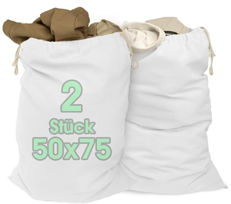 ELES VIDA® - Sacchetti per la biancheria, 50 x 75 cm, in 100% cotone, extra grandi, durevoli, con coulisse, cesto portabiancheria da viaggio (bianco, 50 x 75 cm, 2 pezzi)