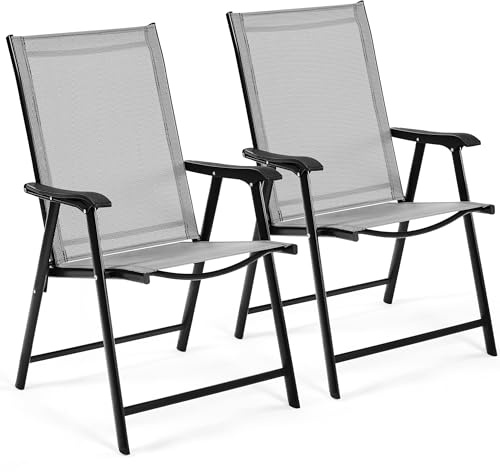 Yaheetech Juego de 2 Sillas Plegables para Exterior Capacidad 150kg Gris | con Reposabrazos,Poliéster Resistente,Marco Metálico, Asiento Amplio 45,5x43cm, para Terraza/Balcón/Camping/Comedor/Exterior