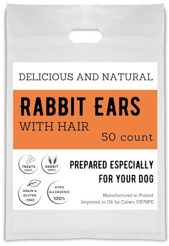 Caiwo (50 Count) Rabbit Ears with Hair for Dogs -Healthy and Tasty Dog Treats Chews Hypoallergenic Dental Hygiene Support (50)