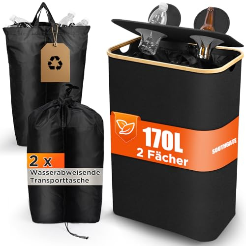 SOUTHGATE 170L Collecteur de Bouteilles Avec Couvercle, 2 Compartiments Poubelle Recyclage, 2 Réutilisables Sac Recyclage, Poubelle Tri Selectif Pour Plastique, Bouteilles Verre, Noir