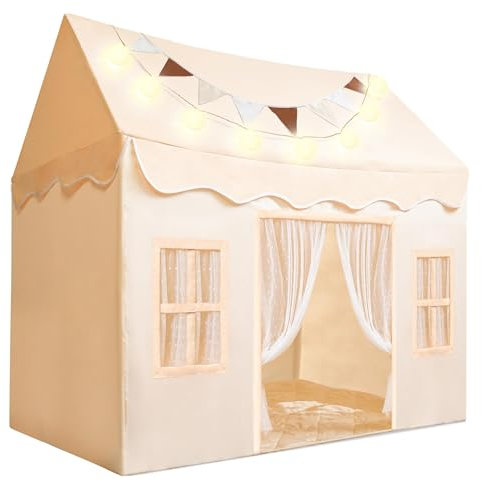 SYNCFUN Kinderzelt Indoor mit Matte und Lichtern Spielzelt Kinder Spielhaus für Drinnen 51*35*52 Inch Prinzessin Zelt Spielzelt für Kleinkinder 3-13 Jahre Kinderzimmer für Mädchen (Beige),Play Tent