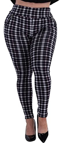 ShoSho Womens Plus Size High Waist Skinny Pants Office Trousers W/Zipper Pocket Trim Plaid Print Black/Mauve/White 3X