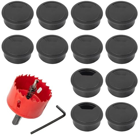 GIBOHOM 12 Piezas Pasacables de Escritorio, 60mm Negro Ojal de Escritorio de Ojal de Cable de Escritorio Cubiertas, para Cable de Mesa de Oficina y Hogar