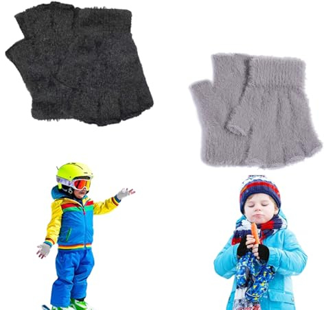 2Pairs Children's Half Finger Plush Gloves for Kids 6-11 Years, Winter Knit Half Finger Warmth Touch Screen Mittens Fingerless Gloves Student Black Grey