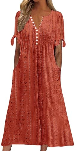 wrap dresses for women uk,Summer Dresses for Women Uk 2025 Causal V-Neck Button Short Sleeve Vacation Floral Dress with Pockets Ladies Maxi Printing Party Club Elegant Beach Dresses dark orange L