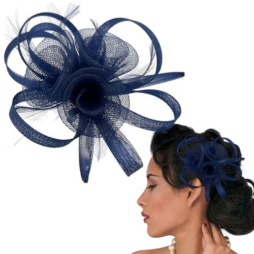 Ladies Small Elegant Fascinator Hat, Mesh Feathers Flower Veil Wedding Bridal Shower Flower Headband Party Hat AscotHair Fascinators for Tea Party,Weddings, Races, Royal Ascot, Hair Piece(Navy Blue)