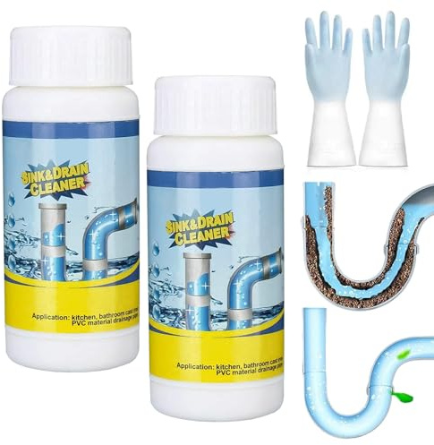 2 Pcs Wild Sink and Drain Cleaner Effective Pipe Unblocker with Fresh Scent Suitable for Kitchen Bathroom Toilet Shower (110g) with 1 Pair of Gloves