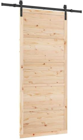 vidaXL Puerta de granero rústica, marrón, hecha con pino sólido, mide 80 x 208 cm. Tiene un mecanismo suave, es para uso en interiores y se monta entre dos personas. Ideal para decoraciones de estil