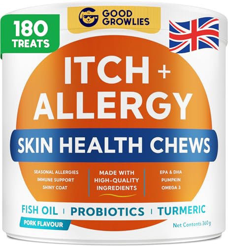 Itchy Dog Skin Relief & Allergy Support Chews - Skin&Coat, Omega 3 Fish Oil | Made in UK - Itching & Paw Licking, Dry Skin & Hot Spots Supplement. EPA&DHA Fatty Acids - Vet-Approved. Pork Flavor, 180 Ct