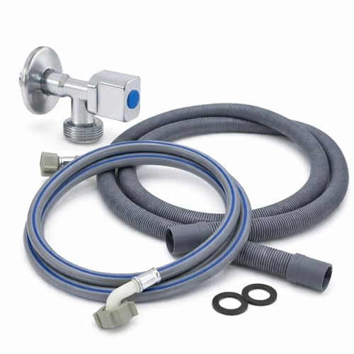 Kit tubo per lavatrice, ingresso acqua + tubo di scarico flessibile + rubinetto chiave di passo | set universale tutto in uno per lavatrice e lavastoviglie, installazione facile e regolazione standard