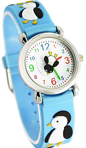 Jewtme Kids Time Teacher Watches 3D Cute Cartoon Silicone Children Toddler Wrist Watches for Ages 3-10 Boys Girls Little Child Penguin Blue