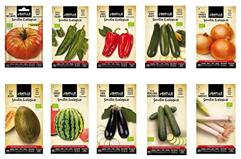Semillas ECOLÓGICAS huerto lote 10 sobres (Tomate, Pimiento italiano, Pimiento rojo, Berenjena, Calabacin, Cebolla, Pepino, Melón, Sandía, Puerro)
