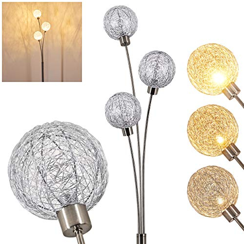 Lampadaire Bernado en métal, nickel mat et abat-jour grillagé, Luminaire pour 3 ampoules G9 idéal dans un salon - chambre à coucher - avec variateur et interrupteur à pied sur le câble, sans ampoules