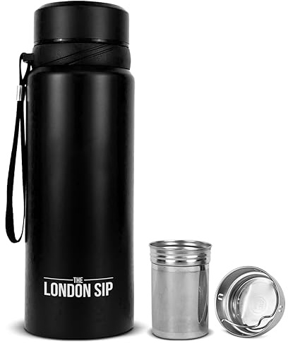 London Sip 25 oz Multi-Function Travel Mug and Tumbler Tea Infuser Water Bottle Fruit Infuser Flask Hot and Cold Double Wall Stainless Steel Coffee Thermos, Zen Black