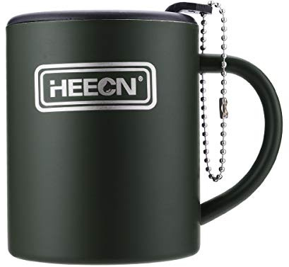 HEECN Camping Mugs - Double Walled Stainless Steel Mug for Hot Drinks with Lid - Army Green - Backpacking – Trekking – Hiking - HESS-038BG (10oz with Rotating lid)