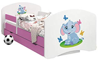 Happy Babies - Dubbelsidig rosa barnsäng med skola. Modern design med säkra kanter och fallskydd, skummadrass 7 cm (03. Elefant, 180 x 90)