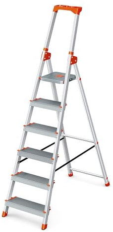 SONGMICS Step Ladder, 6-Step Aluminium Ladder with 12 cm Deep Steps, Foldable with Tool Tray and Anti-Slip Feet, Max. Static Load 150 kg, Silver and Orange GLT006E11