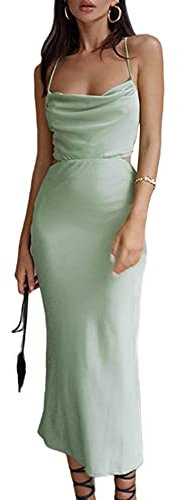 xxxiticat Damen Wasserfallausschnitt Maxi Slip Kleid Spaghettiträger Ärmellos Taille Ausschnitt Rückenfrei Lace Up Satin Kleider, Grün, Klein