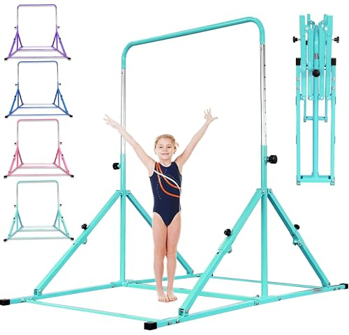 MARFULA Foldable Gymnastic Bar for Kids Ages 3-12, 9 Height Levels, 200 lbs Weight Capacity, 5 Ft Length Gymnastic Kip Bar with Mat, Gymnastic Equipment for Home and Gym Center Indoor Outdoor Use
