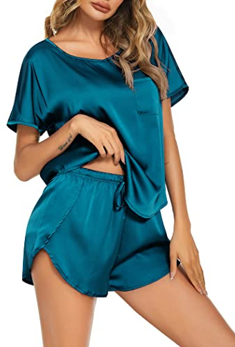 Ekouaer Pigiami Estivi Donna Pigiama Corto Seta Donna Set Maniche Corte e Pantaloncini, Blu Verde, M