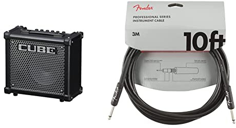 Roland Cube 10Gx Guitar Amplifier, Compact 10-Watt Guitar Amp with Custom-Designed 8-Inch Speaker & Fender 990820025 Professional Series Instrument Cable - 10 ft - STR/ANG - black, 3 metre