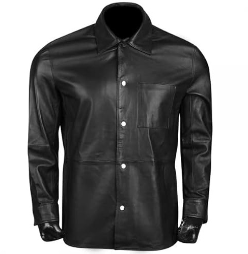 Lambskin Leather Casual Shirt Handmade Leather Shirt Classic Men Sheepskin Leather Shirt Real Leather Shirt, XS-4XL (Black, L)