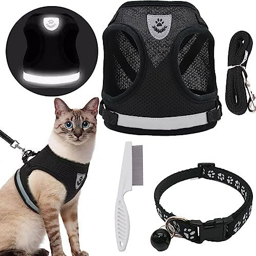 DKDDSSS Katzengeschirr Katzenleine Set, Katzengeschirr Ausbruchsicher Verstellbar, Verstellbares Katzen Geschirr mit Reflektierenden Streifen mit Katzenhalsband, für Kitten Hunde (M, Schwarz)