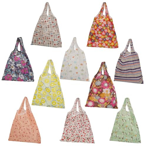 Hossejoy 10 Pcs Reusable Grocery Bags with Handles,Waterproof Nylon Tote Bags, Foldable Lightweight Shopping Bags, Machine Washable for Women Grocery Shopping Supplies Daily Storage