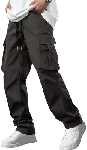 Comdecevis Men's Casual Cargo Pants Workout Joggers Stretch Sweatpants Hiking Drawstring Tactical Pants with Multi Pockets Dark Grey