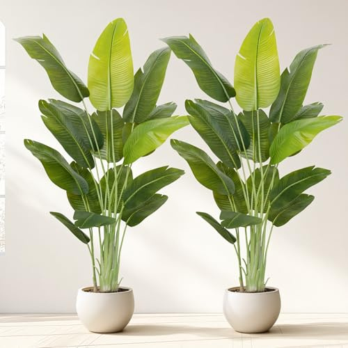 Keeplush Artificial Bird of Paradise Plant Outdoor 200CM Fake Tropical Banana Tree with 15 Leaves-Perfect Faux Plants for Indoor, Floor Plant in Pot for Home Decor in Living Room Office Bedroom (2PCS)