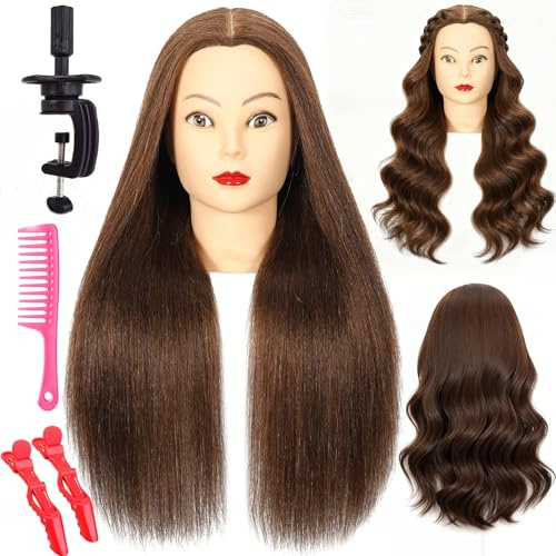Kvinnligt skyltdockhuvud med 100% äkta hår, 20 tum natur brun kosmetologi docka huvud hår styling frisör övning skärning styling träning dockhuvuden med klämhållare klämmor och kam