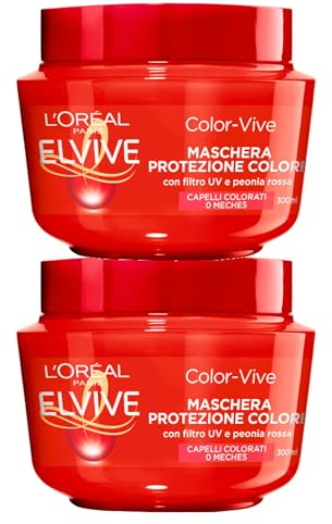 L'Oréal Paris Elvive Color-Vive Maschera Protezione Colore per Capelli Colorati o con Meches Formula Nutriente Ravvivante Illuminante con Estratto di Peonia Rossa e Filtro UV - 2 Barattoli da 300ml