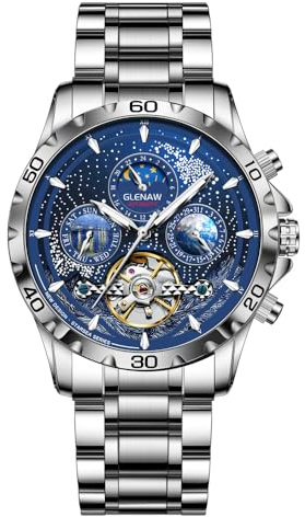 Automatic Watches for Men, Multifunctional men's mechanical watch starry sky dial Waterproof Watches for Men Stainless Steel Strap Skeleton Self-Winding Mechanical Watch Day Week Dial Wrist Watch (Silver Blue)