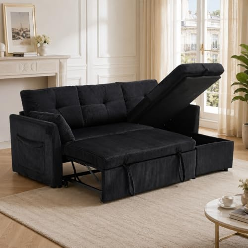 Sapgaks Divano angolare convertibile con sedili portaoggetti e tasche braccioli, divano a 3 posti con forma di strisce, divano a 3 posti, divano letto, velluto (nero)