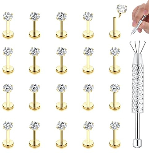 CASSIECA 20Pcs 16G Piercings Labret Acero Quirúrgico Piercing Labio con Zircón 3MM Labret Studs Piercing Tragus Helix Cartílago Piercing Oreja para Mujer Hombre Oro Vertical Labret 6mm