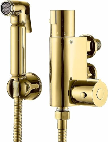 Xcel Home Guld mässing termostatisk bidé douche kit, allt-i-ett set muslimsk shattaf guld duschmunstycke, hygienisk toalett bidéspray, modern justerbar varm/kall hygien toalettrengörare