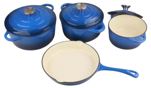 MY HOMIE Enamel Cast Iron Dutch Oven and Saucepan Set with 7 pcs Non Stick Pans Set, 3 Small Medium Large Dutch Ovens with Lid and 1 Sauce Pan, Gas Induction Cooker Compatible Cookware - Blue