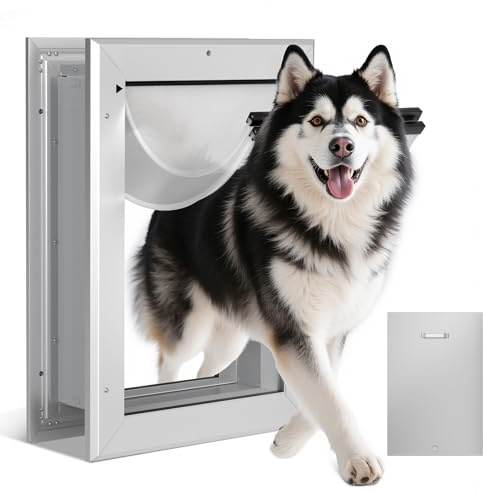 Ownpets Aluminum Large Dog Door for Wall and Door, Double Flap Energy Efficient, Telescoping Tunnel and Lock Panel, Heavy Duty Doggy Door for Dogs Up to 100lbs