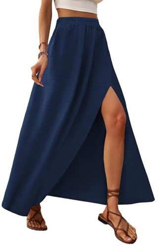 Zeagoo Jupe Longue Femme Été Taille Elastique Jupe Uni Long Skirt Elegante Fendue Jupes de Plage Chiffon Jupes Bleu Foncé XXL
